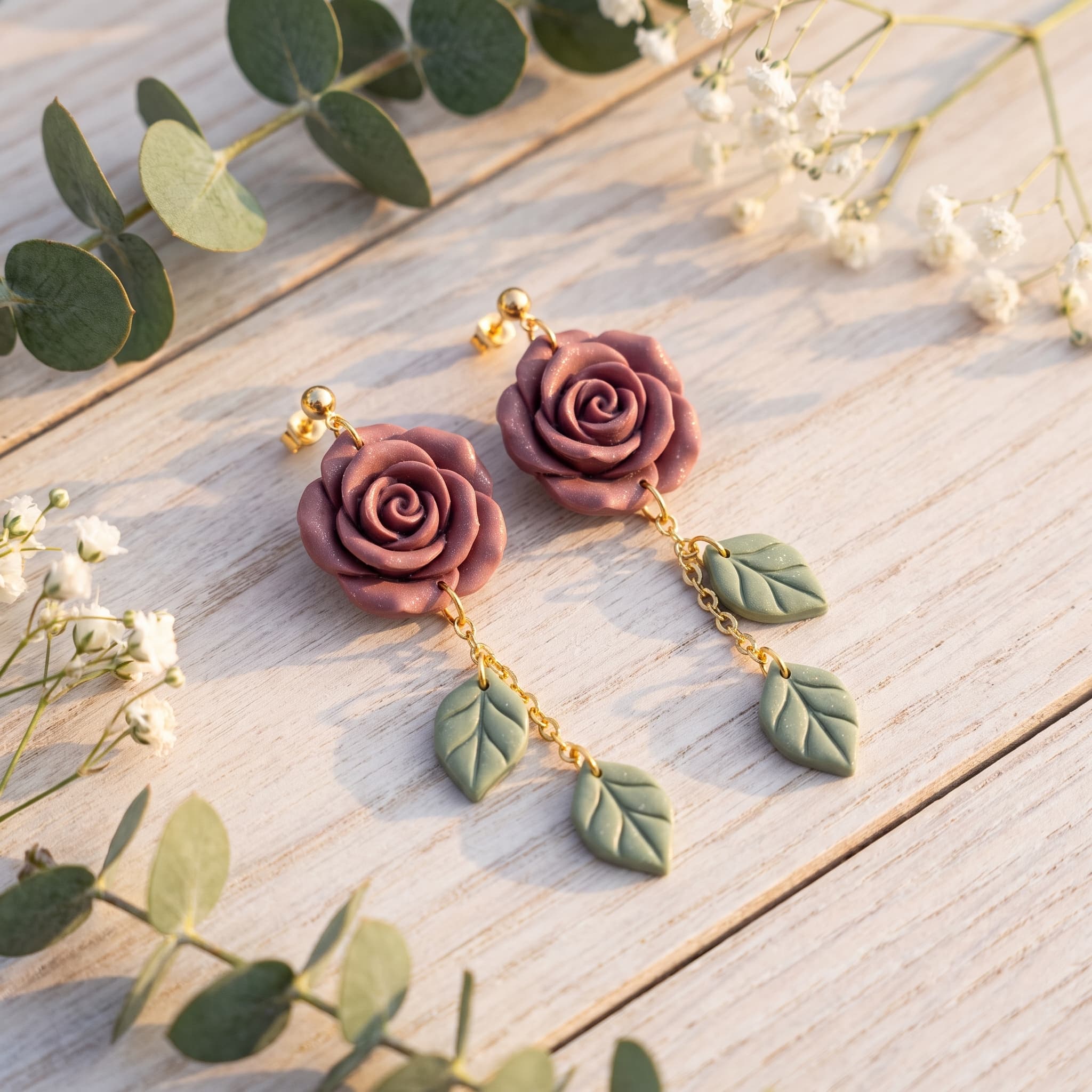 Clay Rose & Leaf Drop Earrings